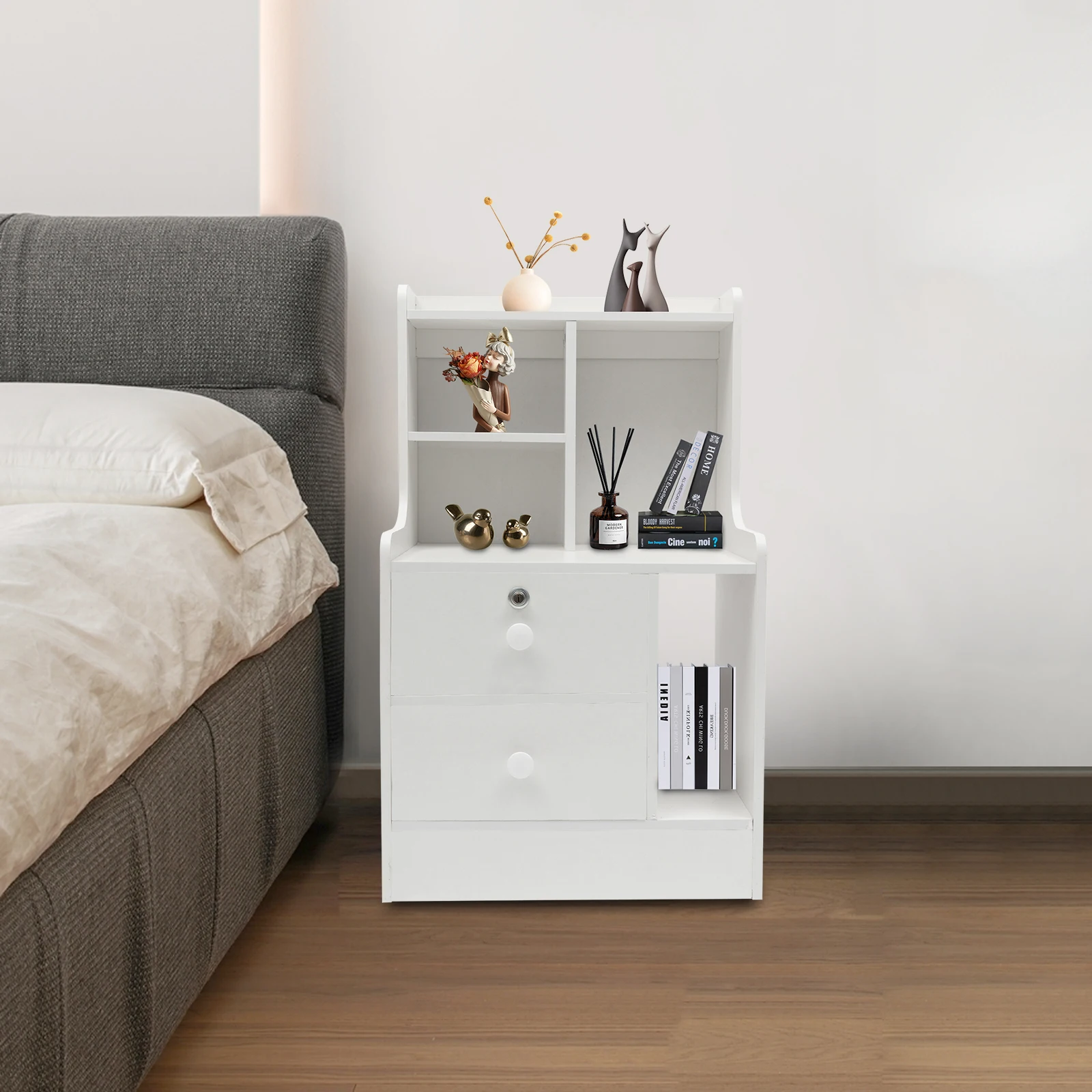 CNCEST Nightstand with 2 Drawers Small Dresser with Storage Shelf Modern Nightstand for Bedroom 4-Tier Storage End Tables