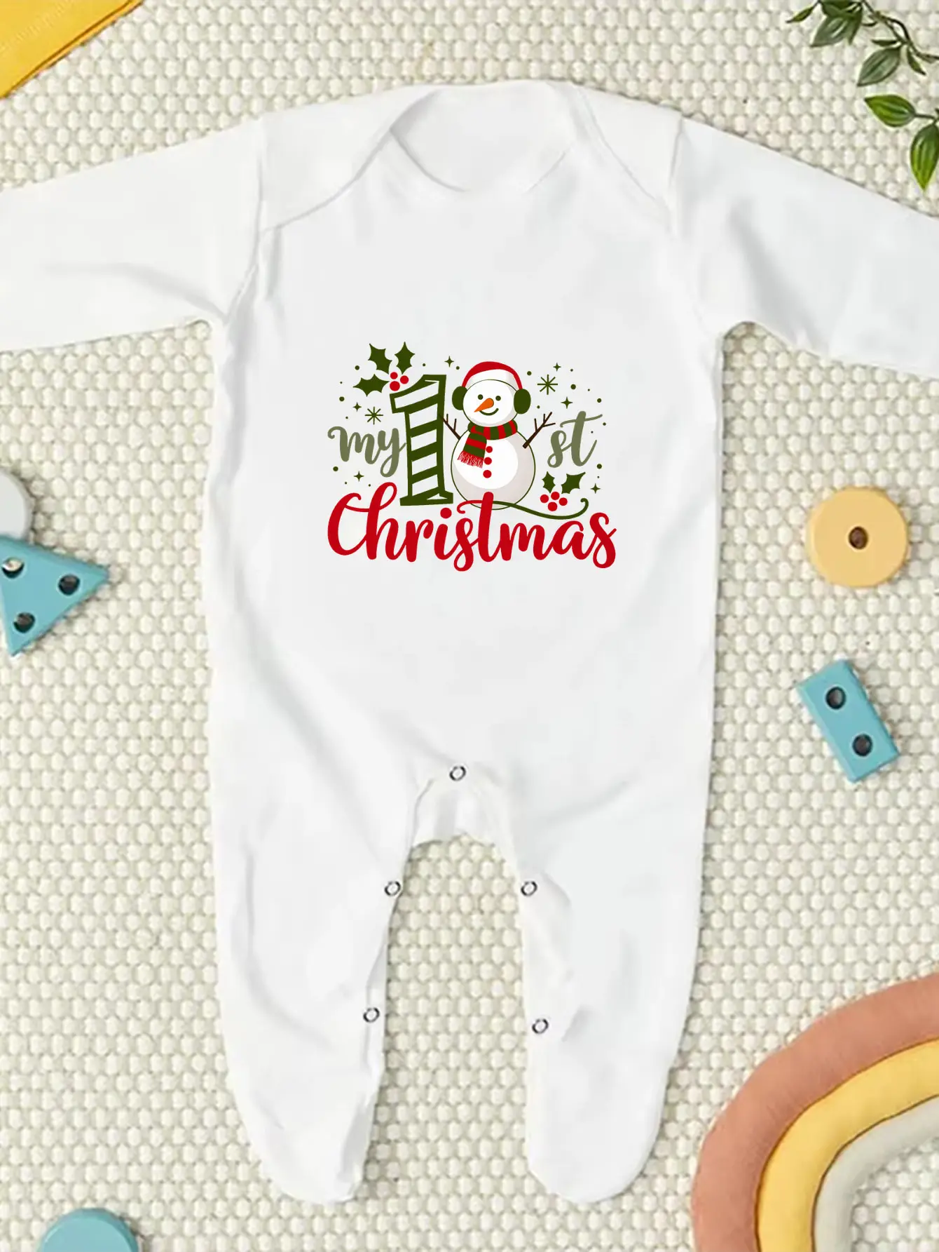 My First Christmas Baby Footed Romper Snowman Holly Print Long Sleeve Newborn Jumpsuit Infant Christmas Outfit Gift