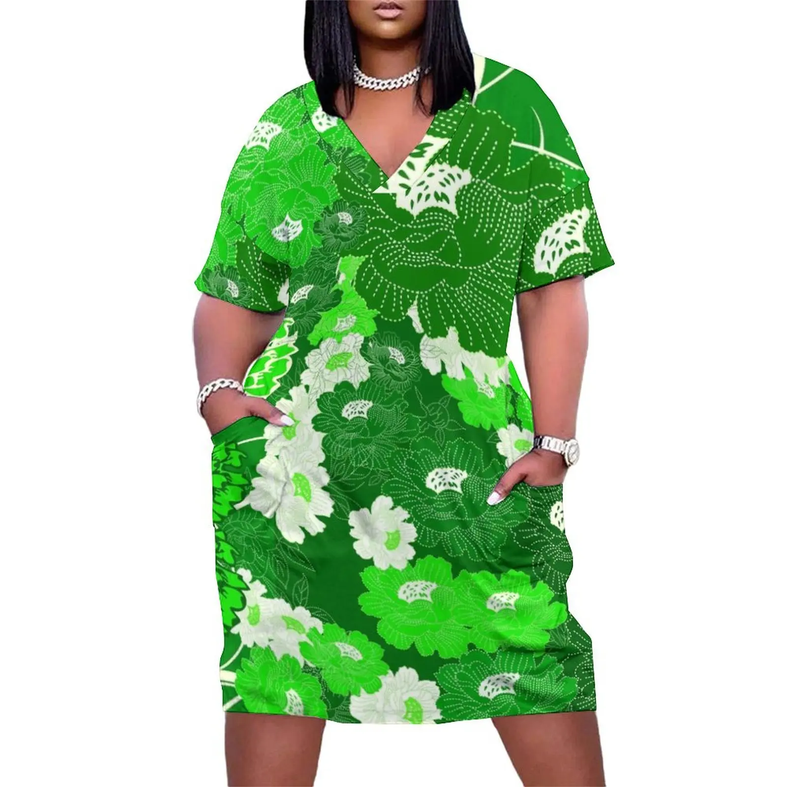 

Green & white flower power Loose Pocket Dress Long dress women"s summer jumpsuit ceremony dresses