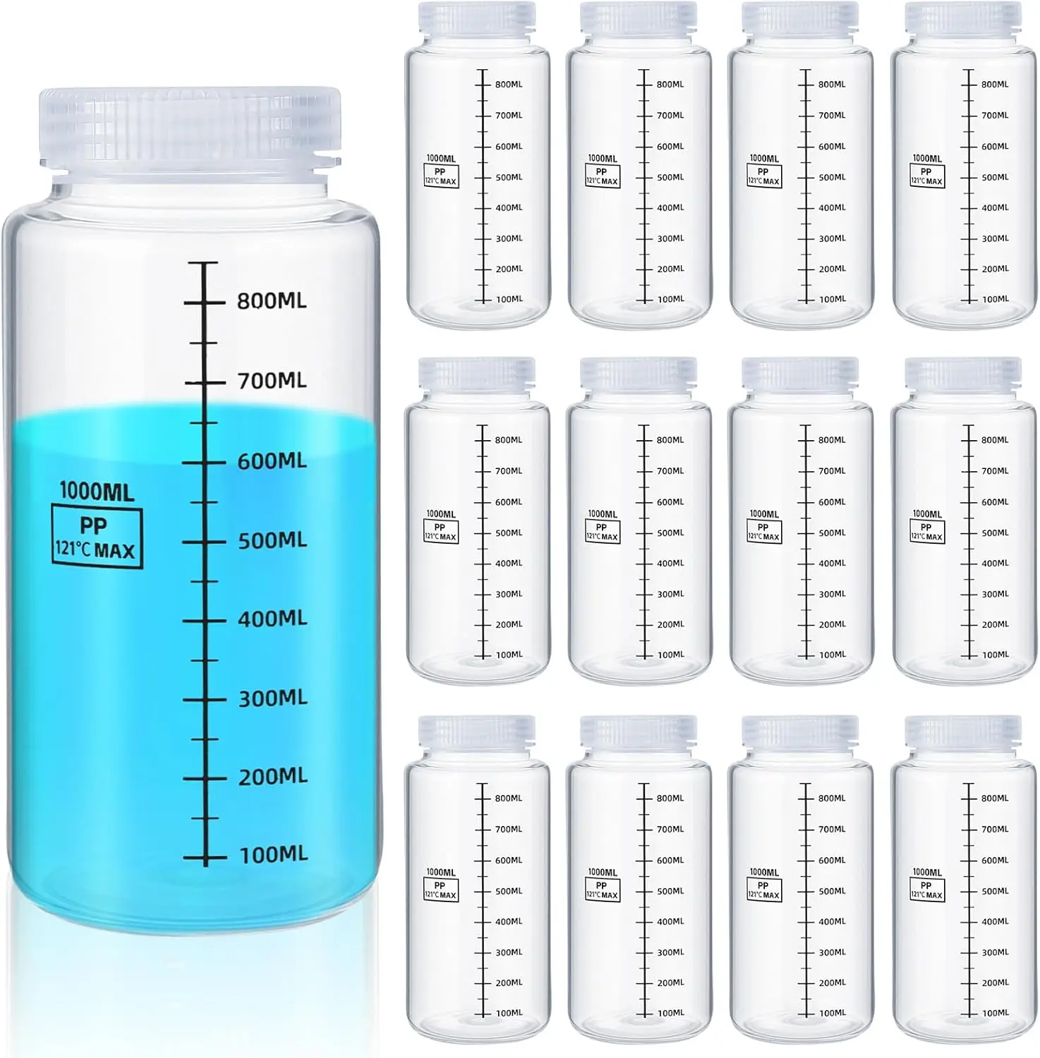 

Набор из 12 прозрачных пластиковых бутылок объемом 32 унции с завинчивающимися крышками, широким горлышком, для лабораторий, путешествий и хранения