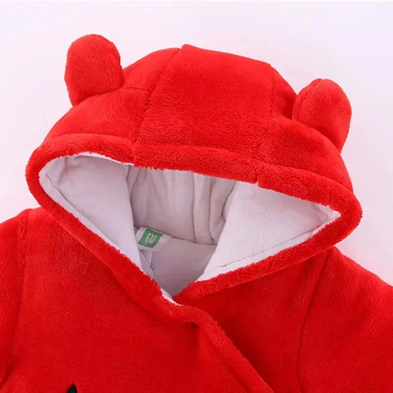 Infant Baby Autumn Winter Warmth Thickened Warm Velvet Long Sleeved Jumpsuit Newborn One-Pieces Comfortable Cute Hooded Clothing