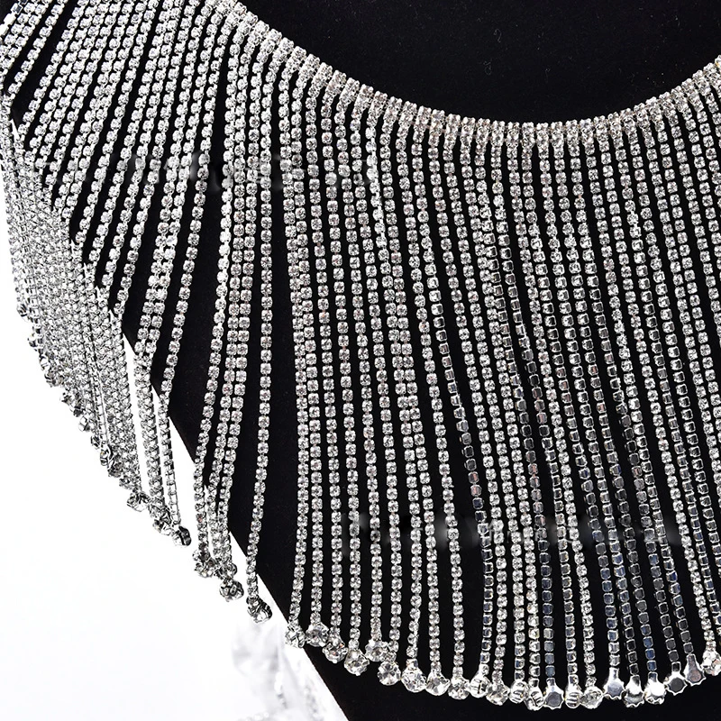 Bling Crystal Long Tassel Rhinestones Chain Round Diamond DIY Fringe Trim Metal For Dress Bag Shoes Accessories