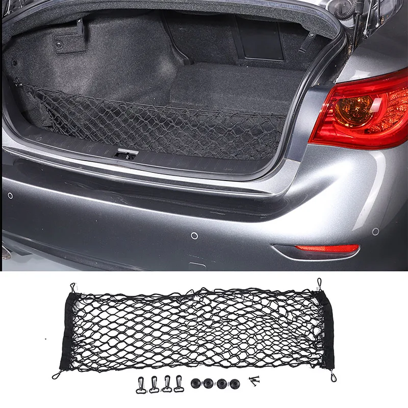 For Infiniti Q50L 2015-2022 Net Holder Car Trunk Rear Storage Cargo Luggage Nylon Elastic Mesh With 4 Plastic Hooks Pockets