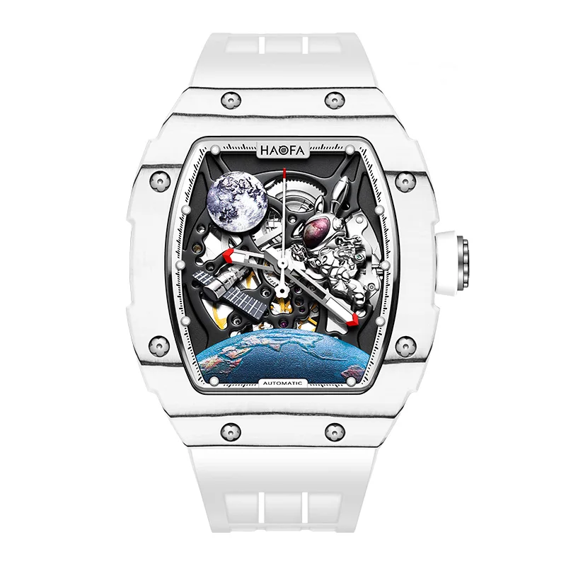 Haofa Moon Rabbit Automatic Spaceship Interstellar Transparent Hollow Mechanica Skeletonl Luminous Chinese style Watch Men 1986