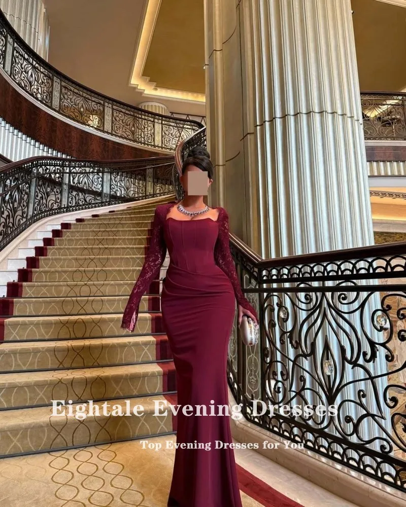 فساتين سهرة عربية Eightale على شكل قلب وأكمام طويلة مخصصة مطاطية عنابي حورية البحر فساتين حفلات رداء السهرة