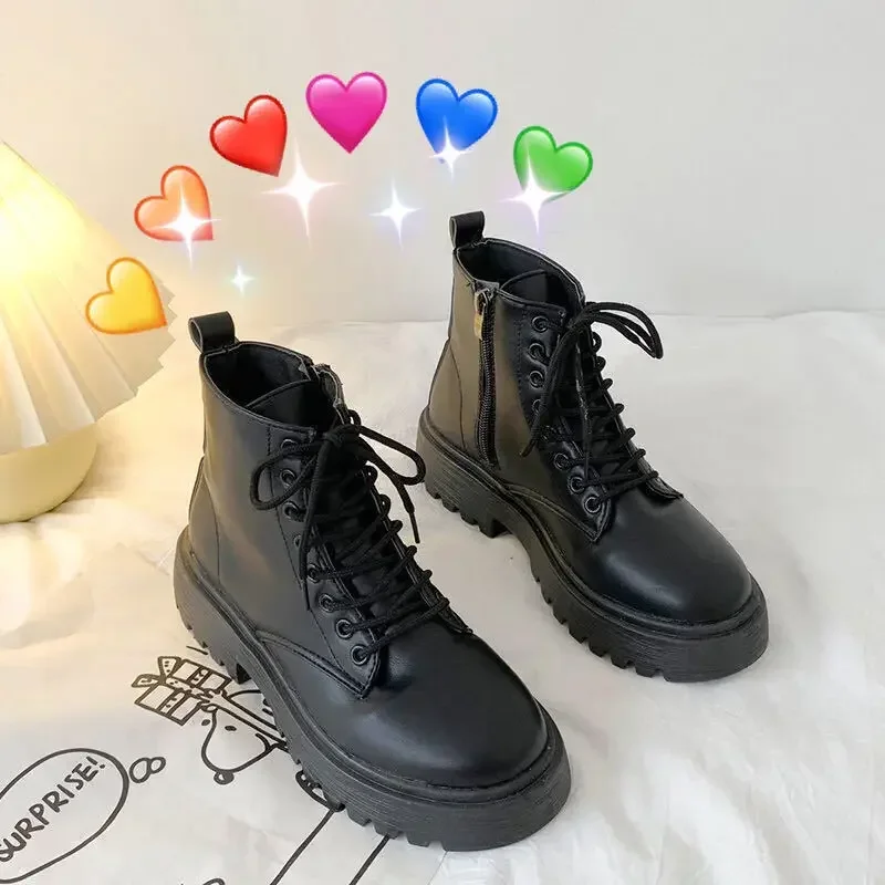 Plus Size 42 43 Women Motorcycle Ankle Boots Wedges Female Lace Up Platforms Black Leather Oxford Shoes Woman 2024 Botas Mujer