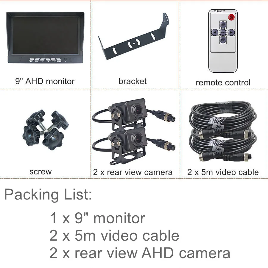DIYKIT 1920x1080 2CH 9 "AHD IPS Achteruitrijcamera Auto Monitor IP68 Waterdichte Starlight AHD Backup Auto camera Video-opname