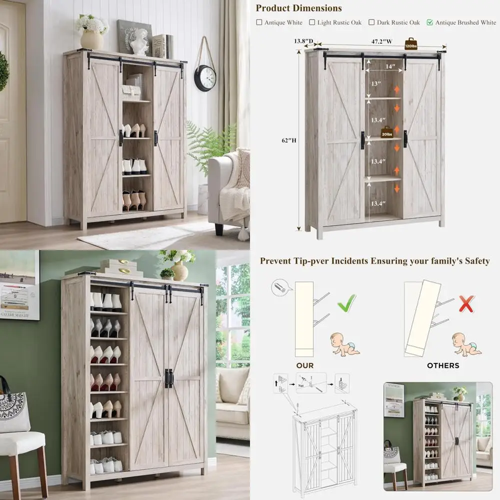 6-Tier Adjustable Large Farmhouse Style Shoe Cabinet with Sliding Doors for Entryway Storage and Organization