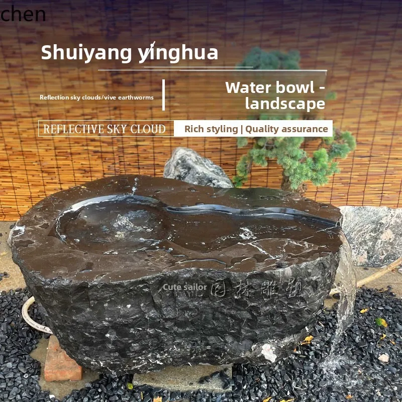 L20- Natural Black Mountain Stone Water Bowl Stone Carving Flowing Water Ornament Outdoor Courtyard