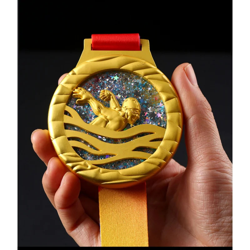 High-end swimming medal metal plate custom-made for championship, flowing sand, universal, children's competition prize
