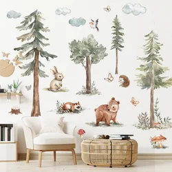 Watercolor Forest Baby Animals Wall Sticker Jungle Tree Bear Rabbit Fox Decals for Nursery Kids Room Living Room Home Decoration