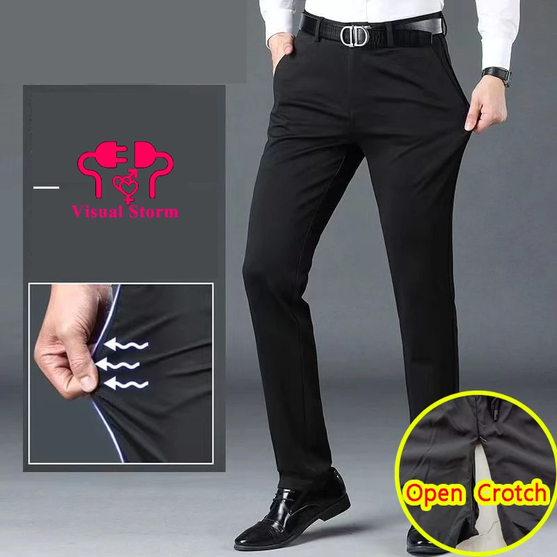 Men Open Crotch Sexy Suit Pants Slim Hidden Zippers Casual Pencil Trouser Winter Thciken Thermal Panties Crotchless Clubwear