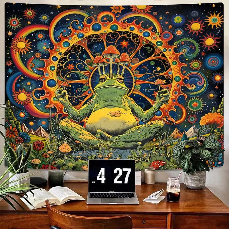 VIKAMA Psychedelic Meditating Frog Wall Tapestry, Trippy Green Frog with Red Mushroom Star Sun Pattern Hanging Art for Bedroom