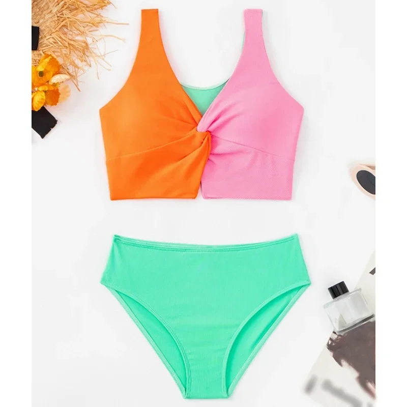 4-12 Years Children's Swimwear Cut Out Teens Patchwork Bathing Suits Children Girls 2pcs Beach Swimsuit