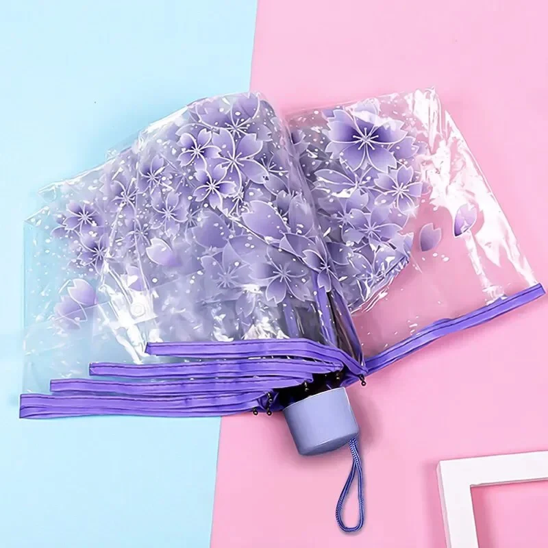 Automatic/Manual Opening And Closing Romantic Cherry Blossom Transparent Folding Umbrella Fresh Transparent Three-Fold Umbrella. view 2