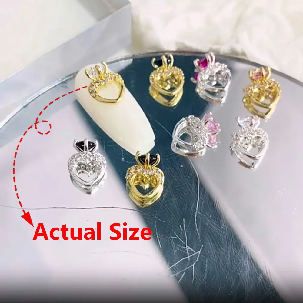 5Pcs Zircon Heart Ring Nails Art Decorations 3D Alloy Bling Nails Charm Gold Silver Claw Colorful Diamond Part Rhinestone 8*11mm