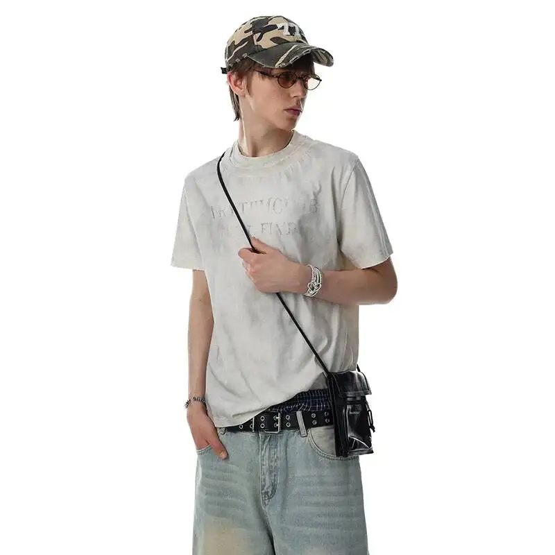 LUZHEN 2026 Summer Original Wornout Letter Printed Short Sleeve T-shirt Men's Fashion High Quality Round Neck Casual Tops JY7767