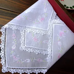 Handmade Embroidered Hook Edge Retro Ladies Handkerchief Cubic Scarf Covered Hand Letter White Bottom 31cm Pink Rose