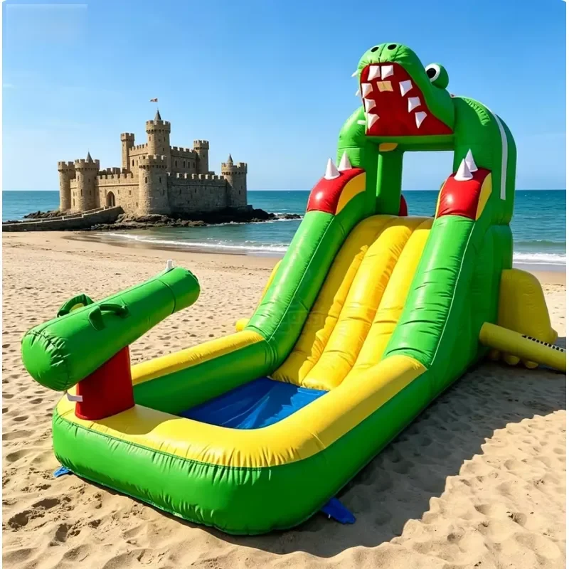 Cartoon Alligator Inflatable Wet Slide, Built-in Water Cannon, Heavy PVC for Children Garden Summer Water Game & Rental