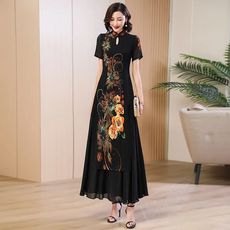 

2024 Summer Women New High-end Age Reducing Slim Long Skirt Female High End Black Printed Chiffon Chinese Qipao Splicing Dress