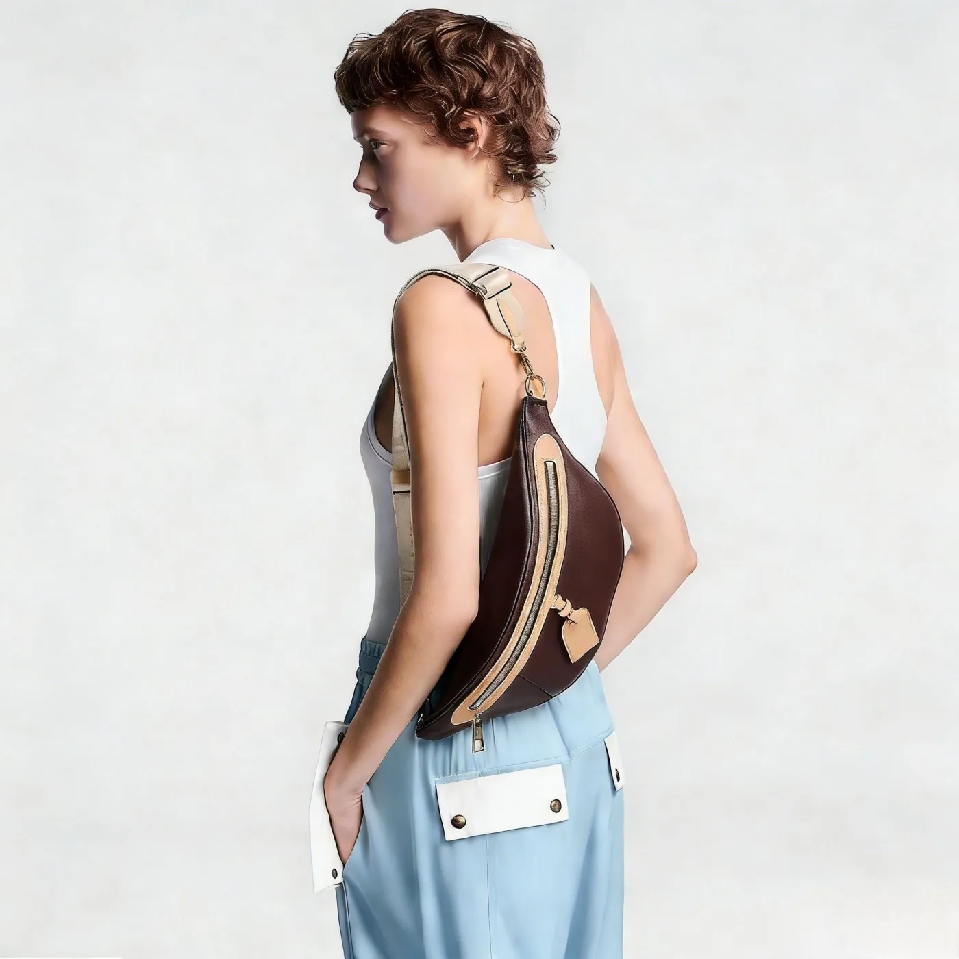 

Fashion Brown Black Color Block Sling Bag for Women Curved Hobo Shape with Adjustable Shoulder Strap