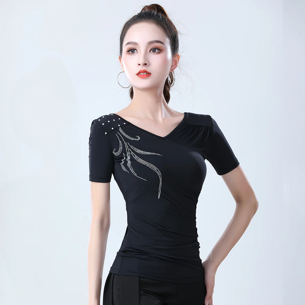 Latin dance clothes with diamonds black modern dance practice clothes V-neck female national standard dance dance clothes