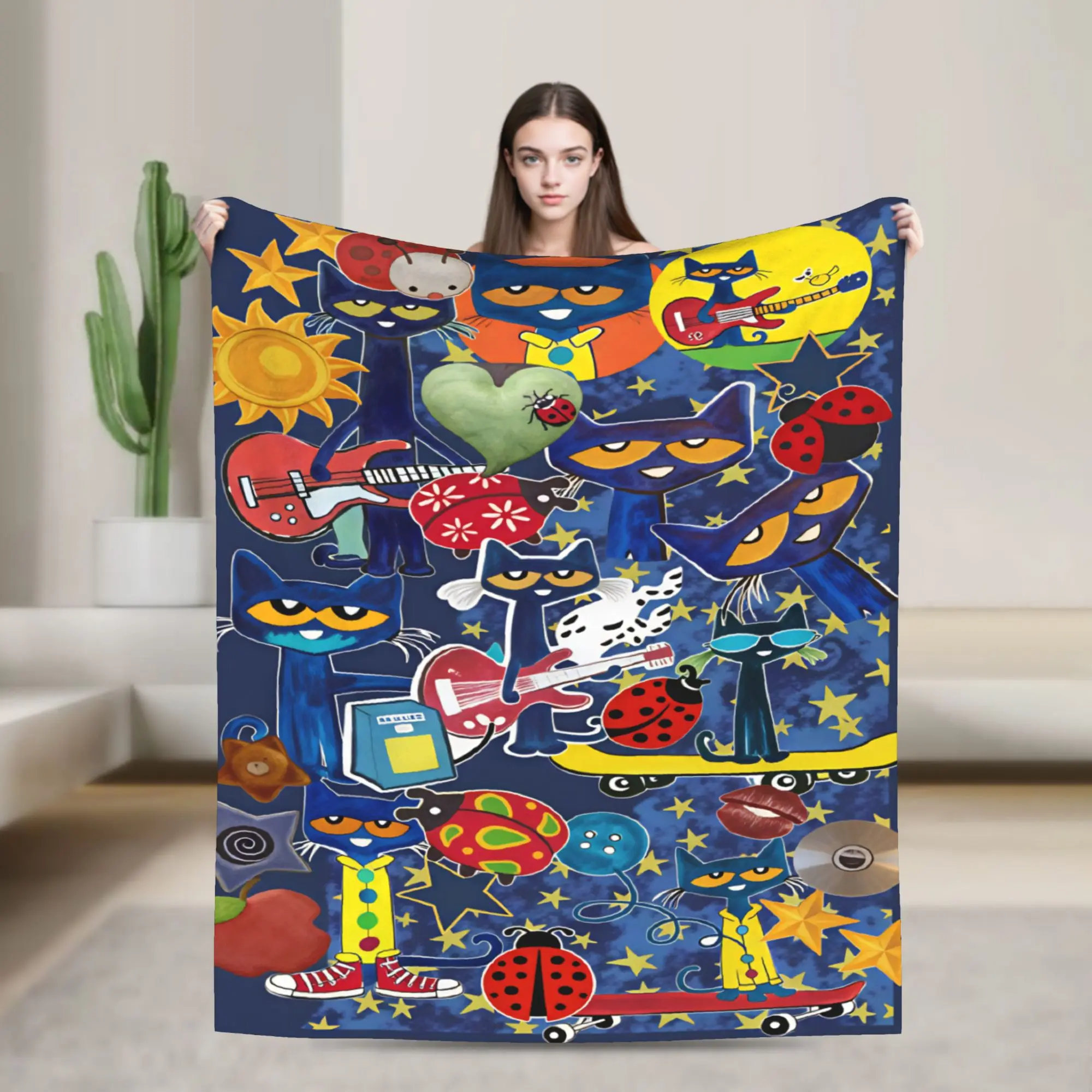 Pete the Cat Blanket  Travel Office Flannel Throw Blanket For Couch Chair Sofa Bed Super Warm Custom Quality Bedspread Gift Idea
