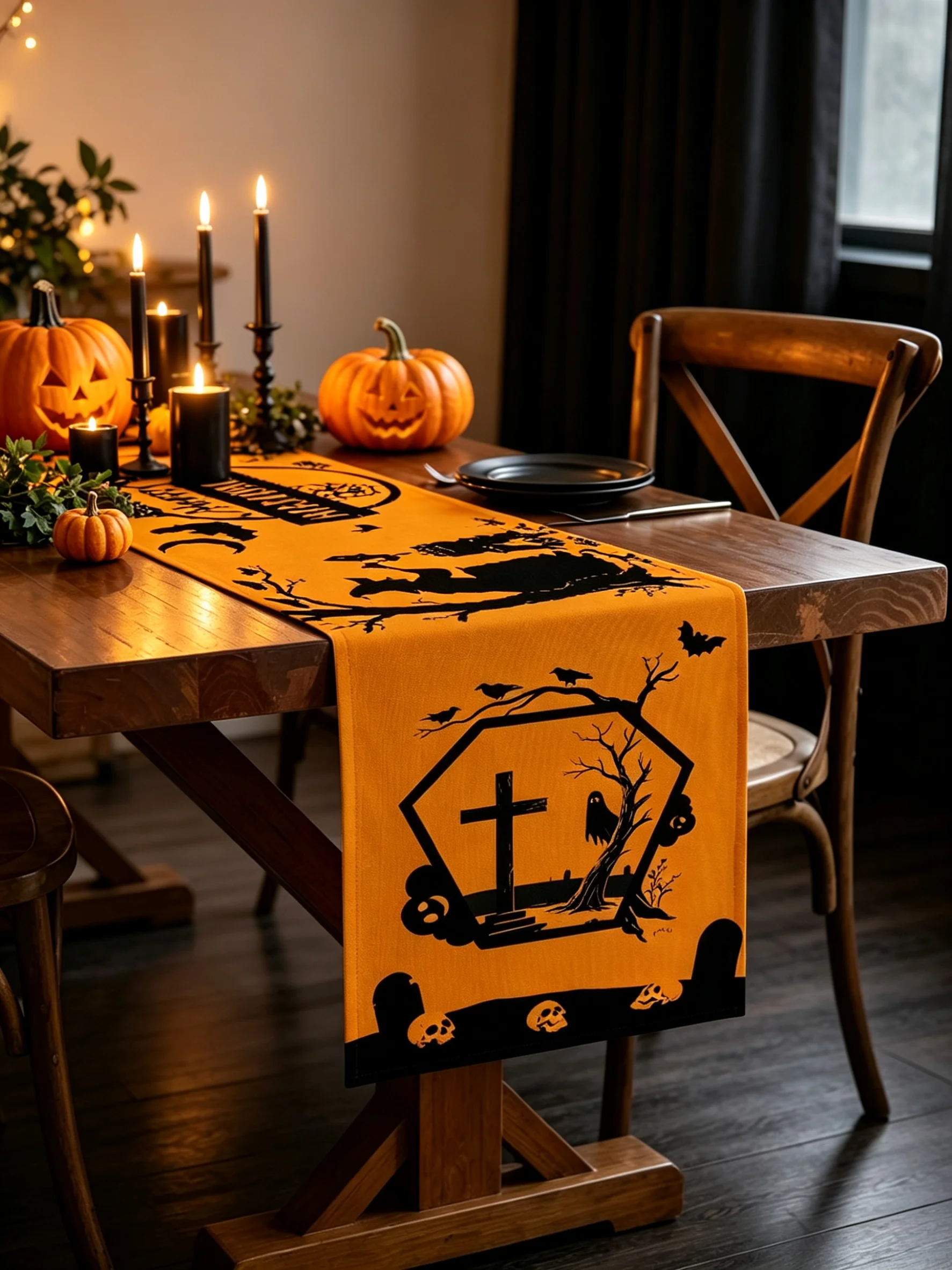 1Pc Halloween Table Runner Polyester Orange Ghost Tombstone Decor Reusable Halloween Party Decor for Rectangular Table Runner