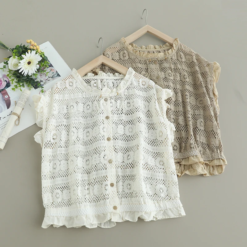 

Mori Girl Vintage Lace Hollow Out Cotton Tank Tops Women O-Neck Ruffles Sleeveless Chinese Style Casual Loose Crop Tops