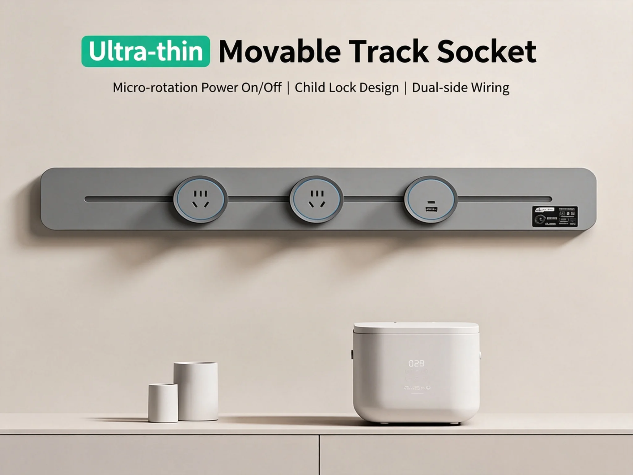 EasyInstall DualSide Wiring UltraThin Track Socket Ideal for Kitchen Bedroom Desk