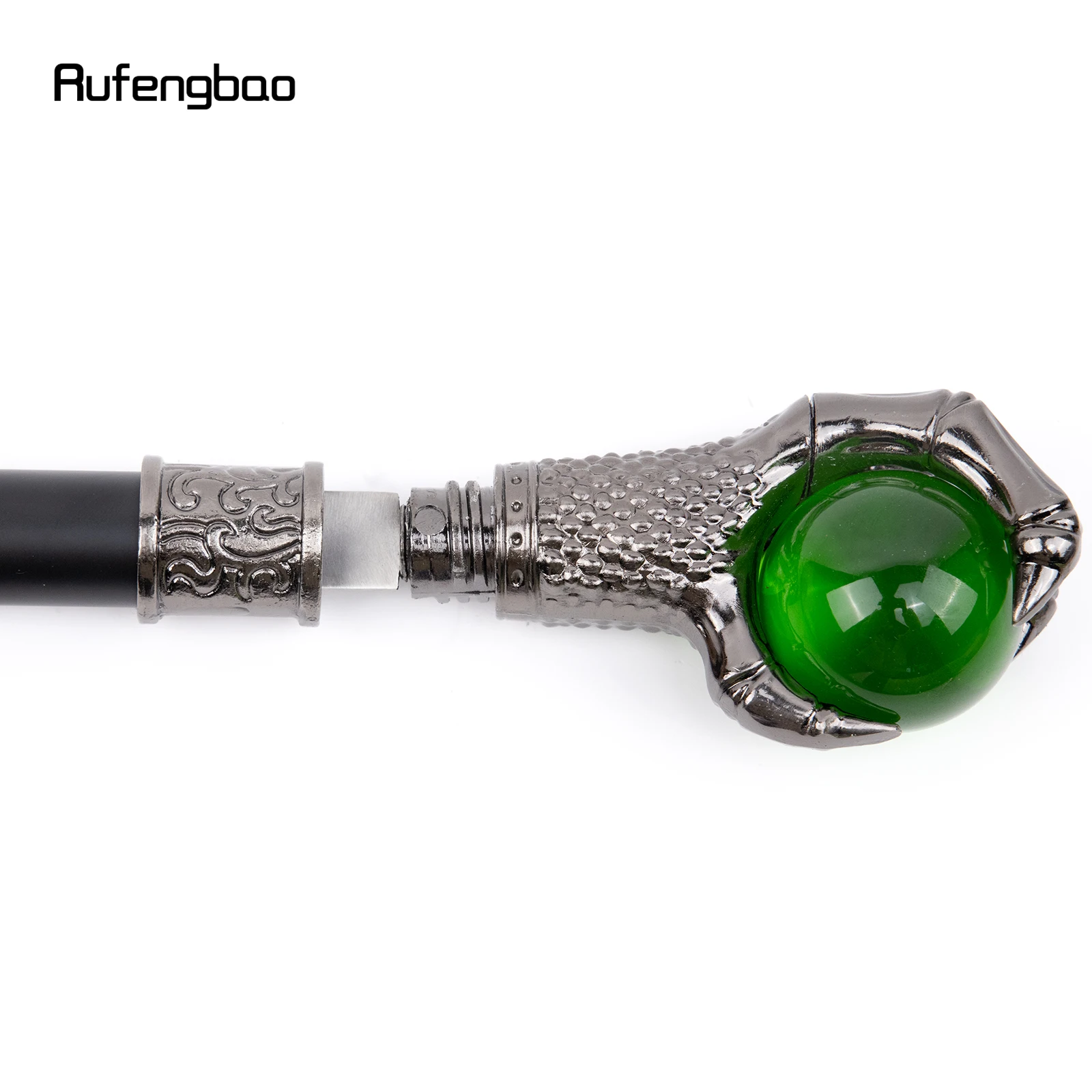 Dragon Claw Grasp Green Glass Ball Single Joint Silver Walking Stick with Hidden Plate Self Defense Cane Cosplay Crosier 93cm