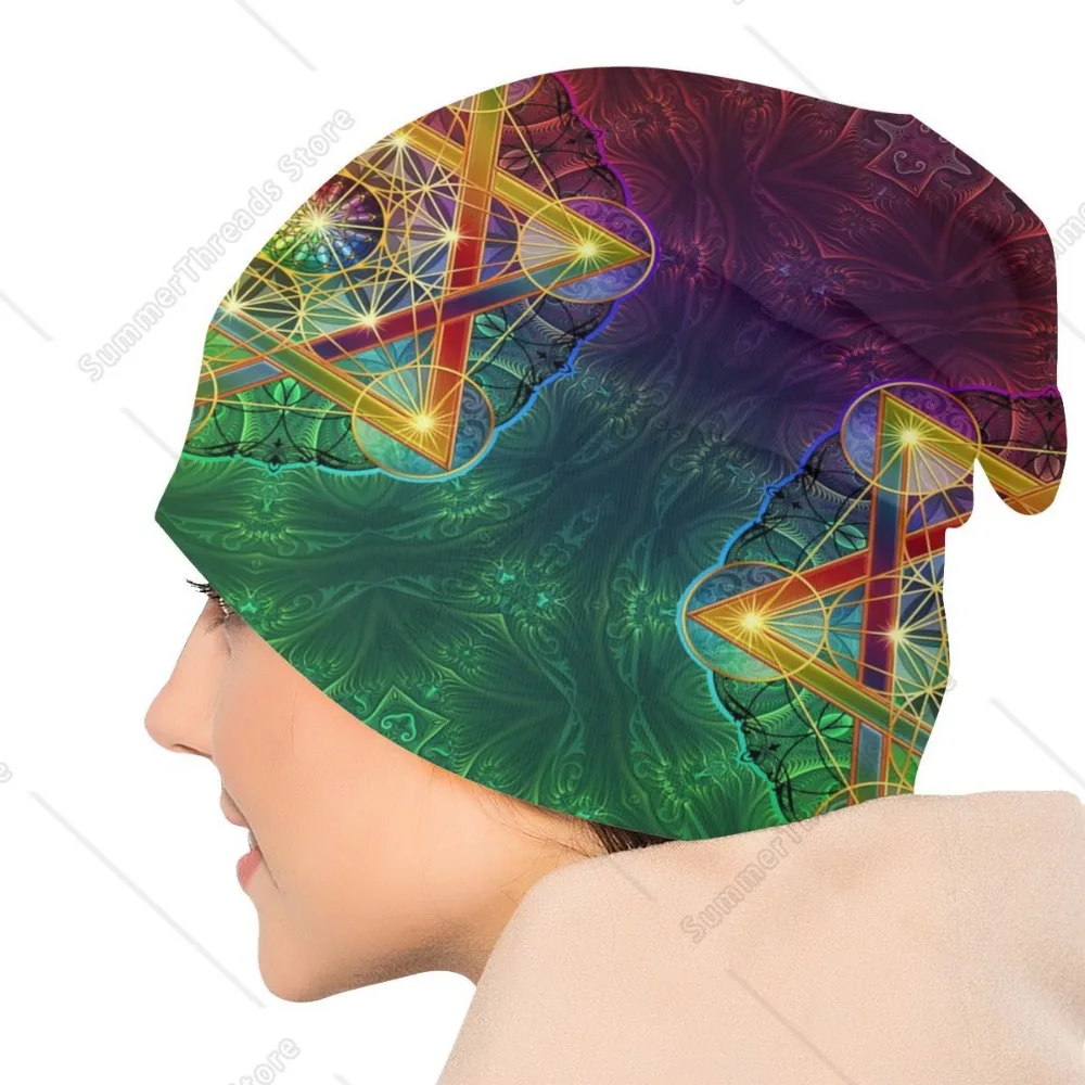 Custom Unisex Bonnet Knitting Hats Metatron's Cube With Merkabah And Flower Of Life Beanie Cap Sacred Geometry Beanies For image 2