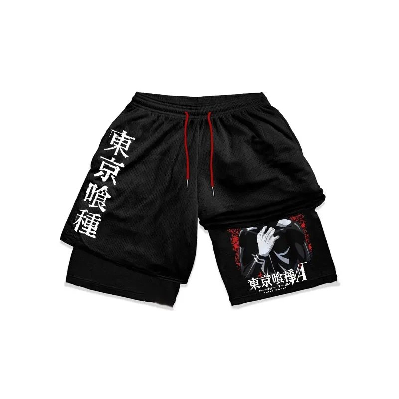 Anime Tokyo Ghoul Gym Performance Shorts Men 2 In 1 Quick Dry Workout Athletic Shorts Sportswear Fitness Sport Short Pants Black