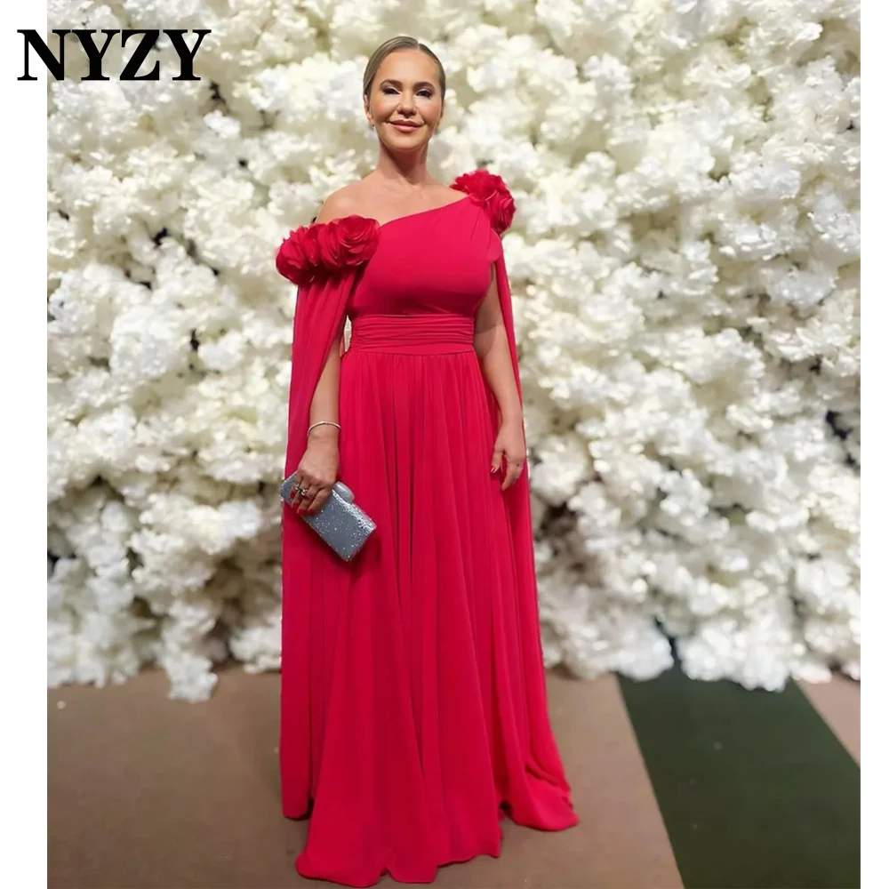 NYZY M429 Customized Red Evening Gowns 2025 Brush Train Chiffon 3D Flowers Cape Sleeves Long Mother of the Bride Dresses