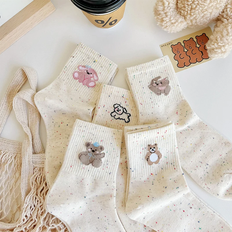 5 pares de medias calcetines de mujer con patrón de cachorro de oso, Color algodón, diseño de hilo de punto sólido, calcetines informales suaves y acogedores para la piel para mujer