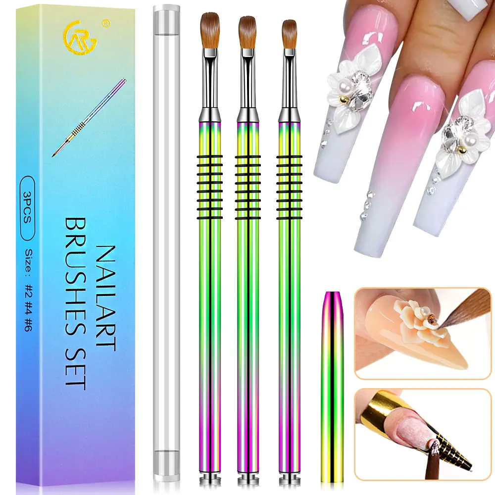 Kit de pinceaux pour Nail Art en acrylique, 3 pièces, poudre acrylique professionnelle, brosse à ongles étendue pour Nail Art, gravure 3D, outil de Salon de Nail Art