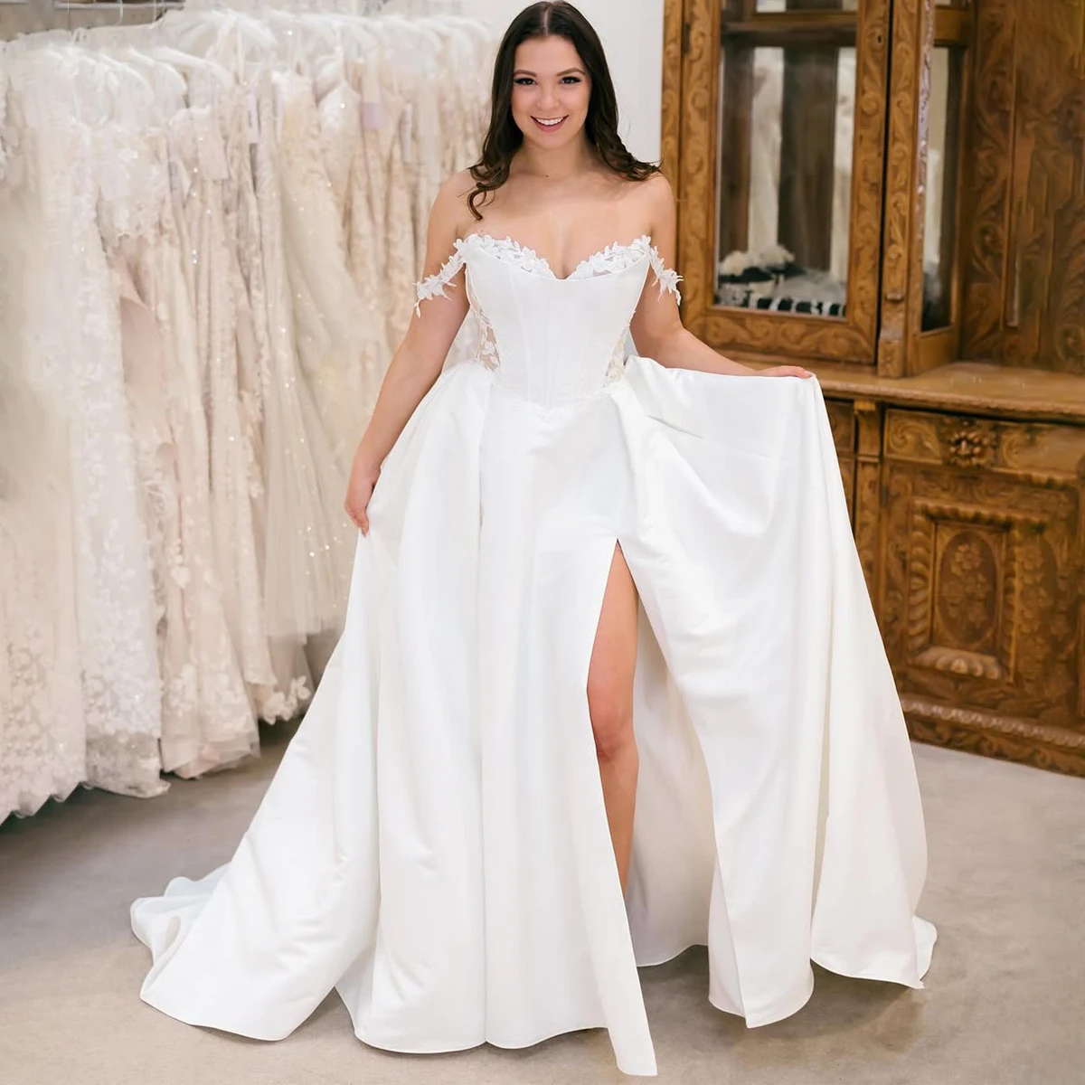 

Elegant Appliques Satin Long Wedding Dresses A Line V Neck Bridal Party Gown With Train Ball Gown For Women Vestidos Novia