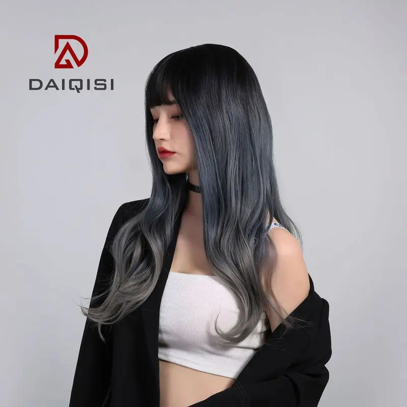 女性用ロングウェーブウィッグ、ブルーグレーのグラデーションカラー、フルヘッドカバー、人気のオンライントレンド