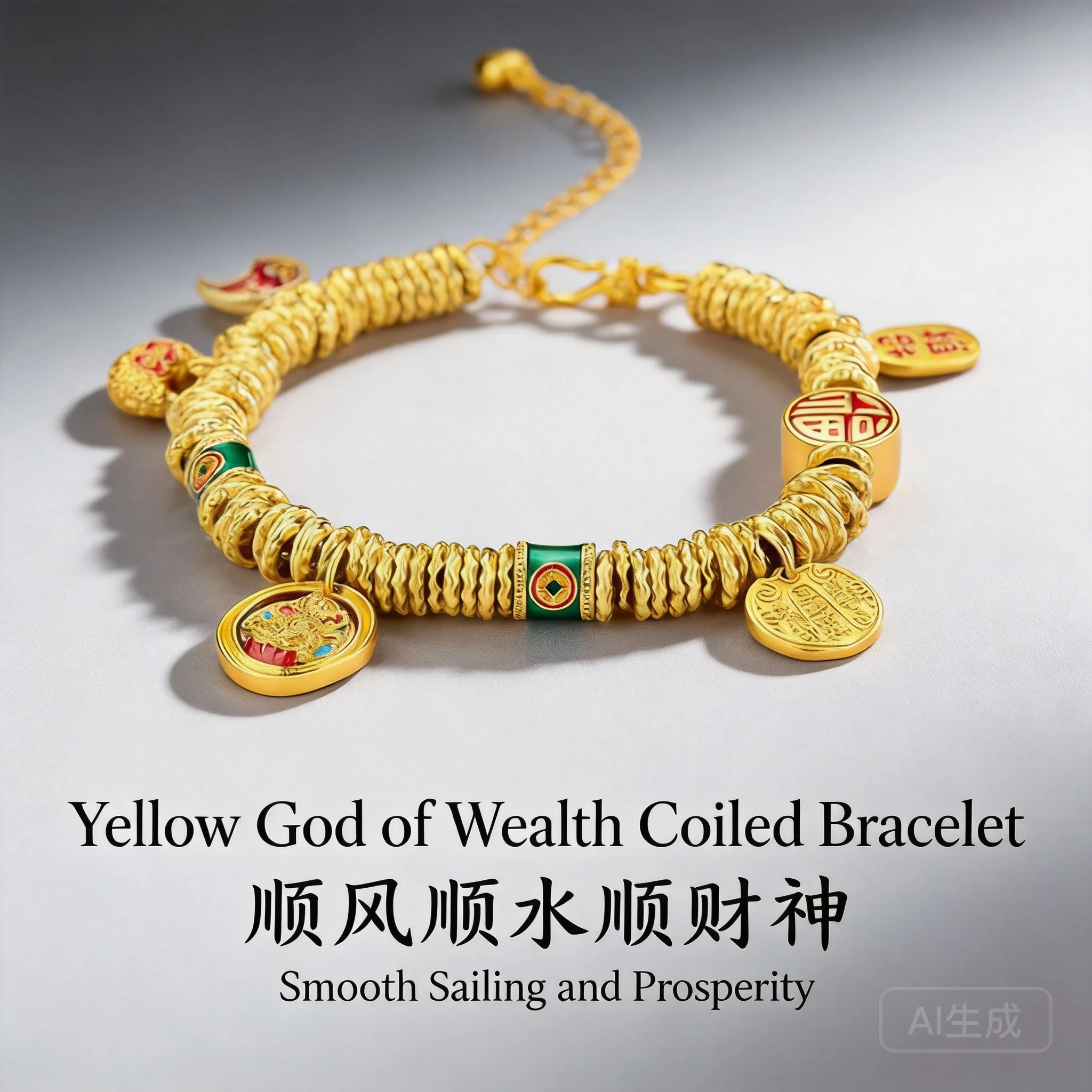

24k Gold Plated Traditional Chinese Style Enamel Yellow God Of Wealth Lucky Fu Coiled Bead Bracelet Auspicious Fortune Blessing