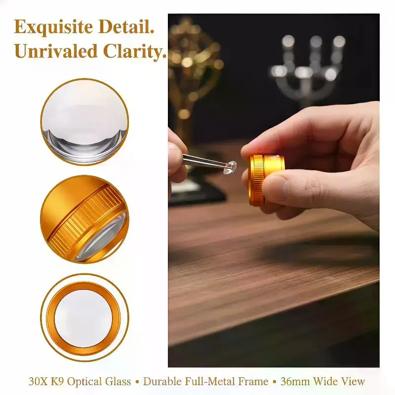

30X 36mm Magnifying Glass K9 Optical Lens Monocle For Watch Jewelry Coin Stamps Precision Work Inspection Loupe Tool