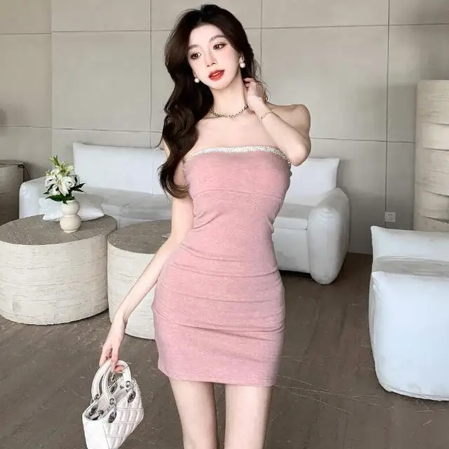 Puro sexy quente menina vestido sem alças cinto apertado almofada no peito indústria pesada diamante envoltório quadril