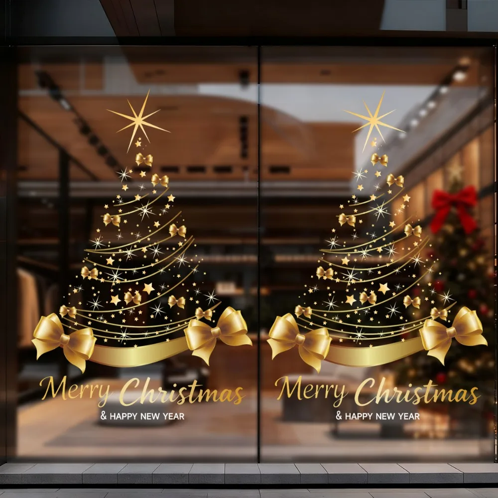 Static Cling Golden Christmas Tree Window Stickers Star Bow Design PVC Christmas Tree Window Decal Glue-free