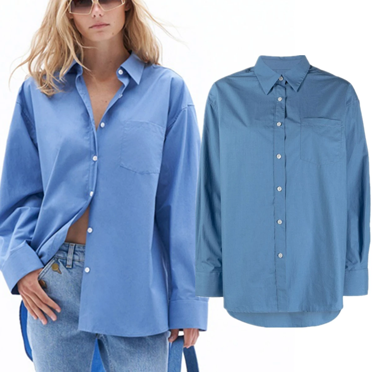 

Женская минималистичная свободная рубашка Maxdutti из чистого хлопка с длинными рукавами, весна 2026, синяя блузка, минималистичная женская одежда для повседневной носки