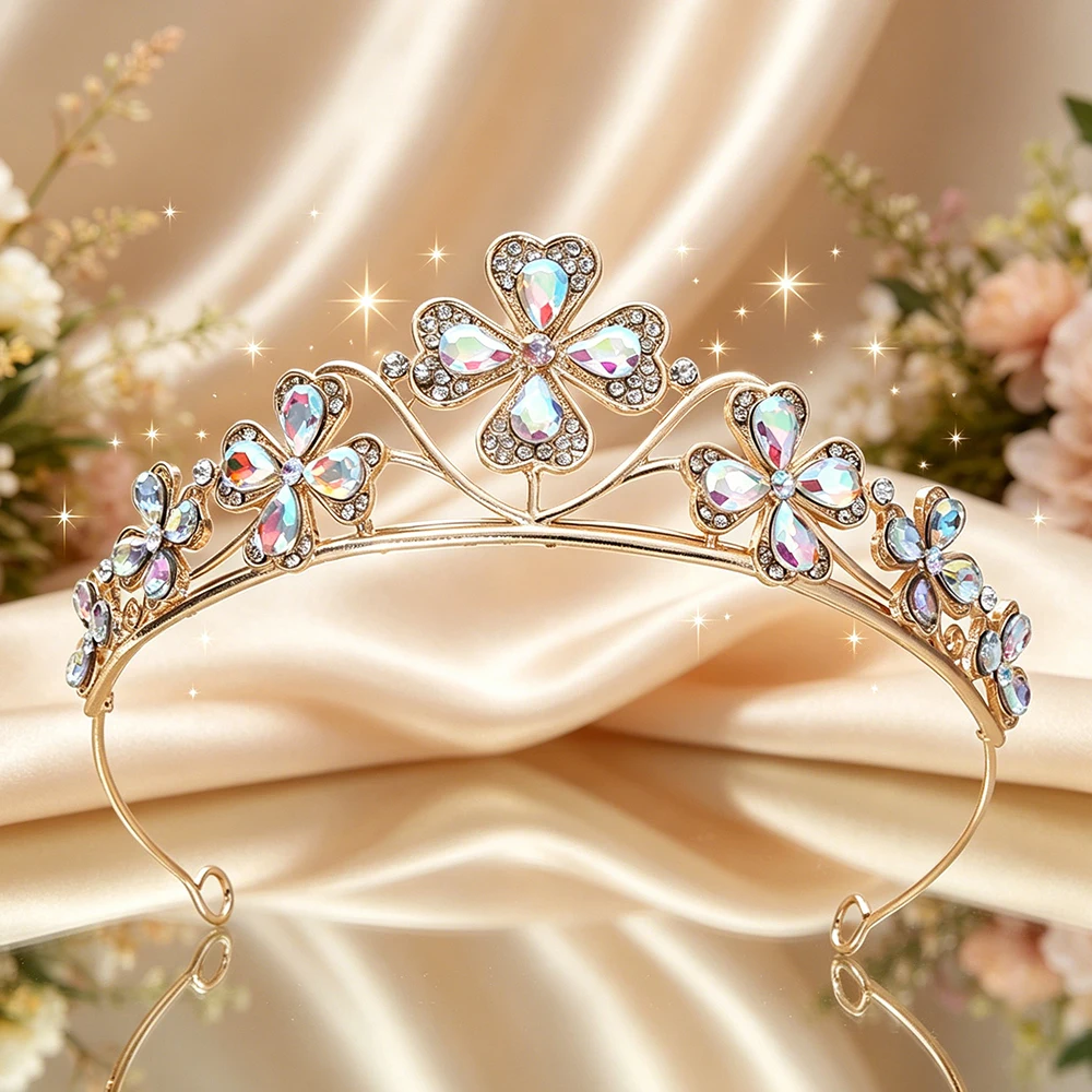 Four Leaf Clover Crystal Bridal Tiara Sparkling Lucky Floral Queen Crown Elegant Vintage Headpiece Wedding Birthday Events view 4