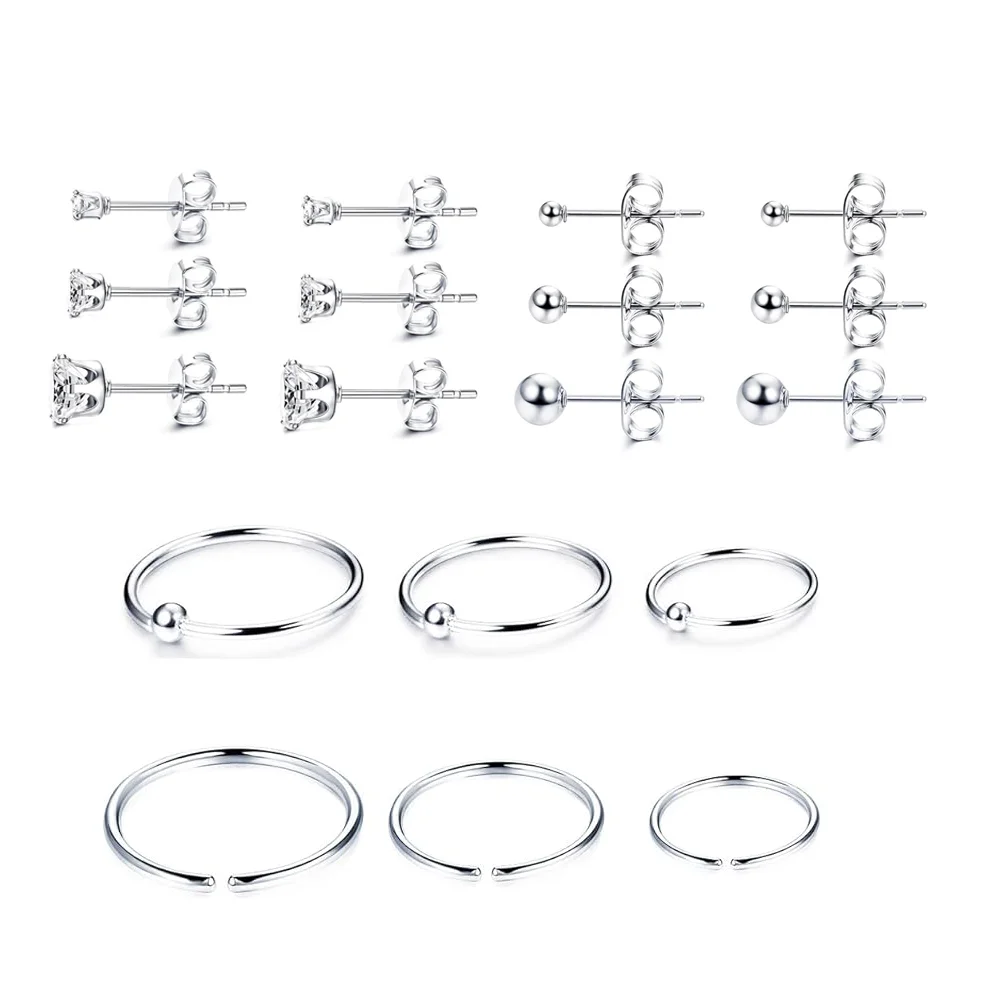 Diamday Small Tiny Stud Hoop Earrings for Women Stainless Steel Earrings Multiple CZ Ball Studs Endless Cartilage Hoops Earrings