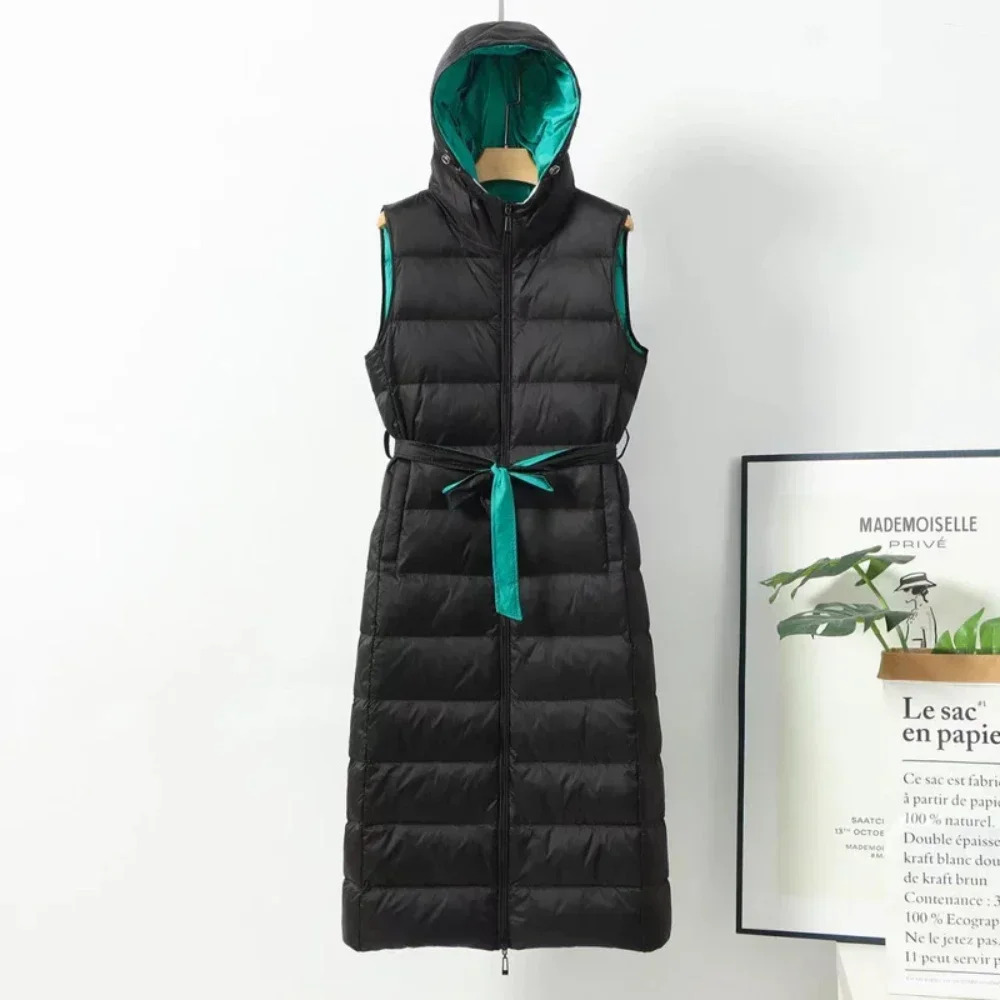 2025년 신상 가을 겨울 따뜻한 경량 오리털 패딩 민소매 롱 후드 다운 조끼 여성 슬림 웨이스트밴드 코트