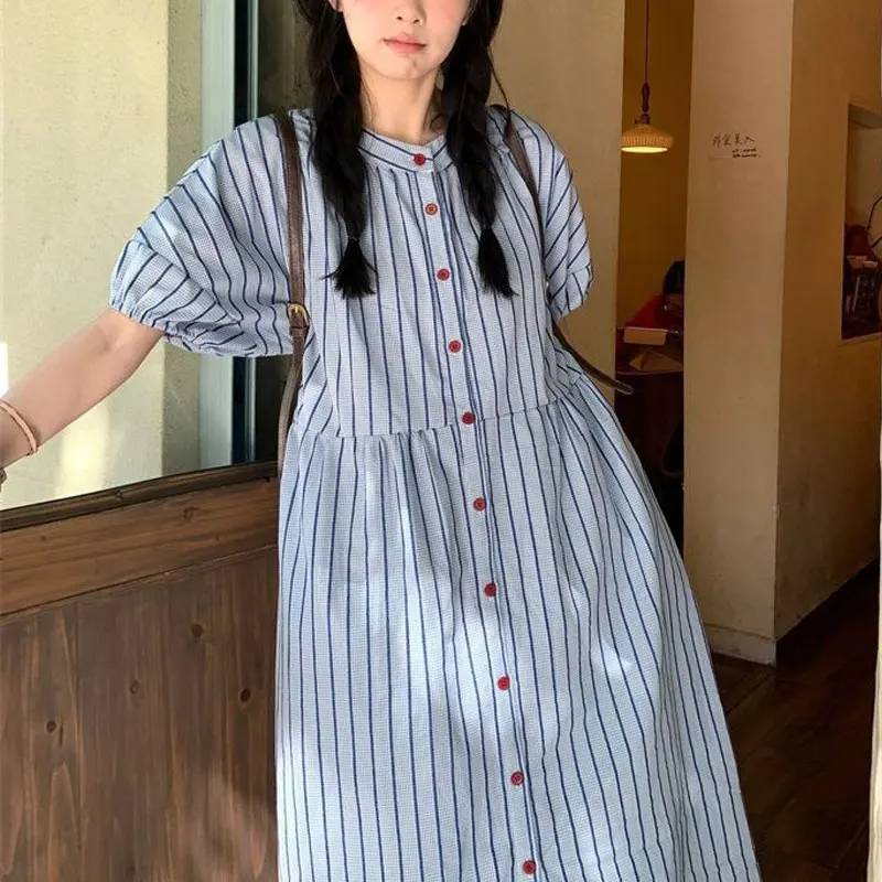 

Casual Striped Loose Midi Dress Summer Korean A-Line Drawstring Women's Clothing Short Sleeve Commute Single-breasted Dresses