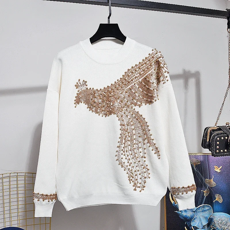 White Knitted Tracksuit Women Outfits Manual Beading Sequins Phoenix Sweater Pants Two Piece Set Loose Casual Knit Suit Female