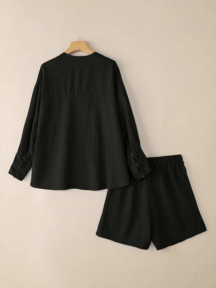 Set corti da donna moda VONDA 2025 Autunno Completi a due pezzi Camicie a maniche lunghe e pantaloncini in vita elastica Set coordinati solidi