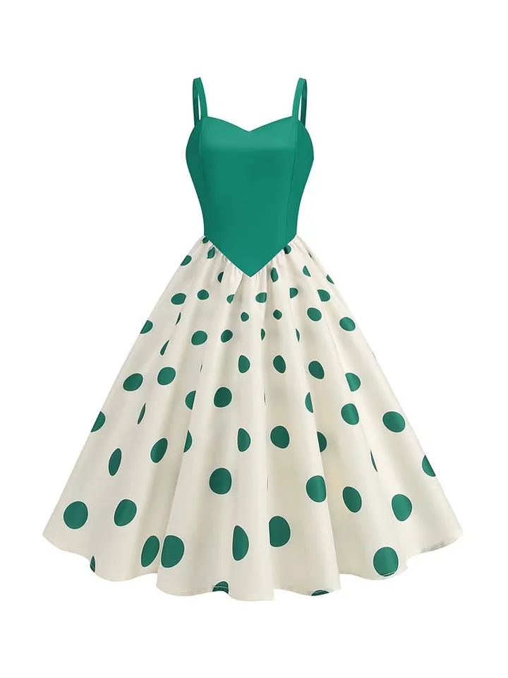vintage green polka dot dress Polkadot green linen swing dress 1950s inspired – heartmycloset main image 0